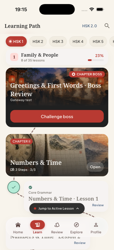 Hanlingo Learning Path screen showing HSK 1 chapters